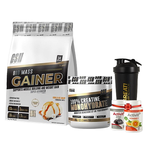 Pack GSN Big Mass Gainer 6Kg + Créatine Monohydrate 200g +SHAKER  + VITAMINE C caps + ZINC 30 caps